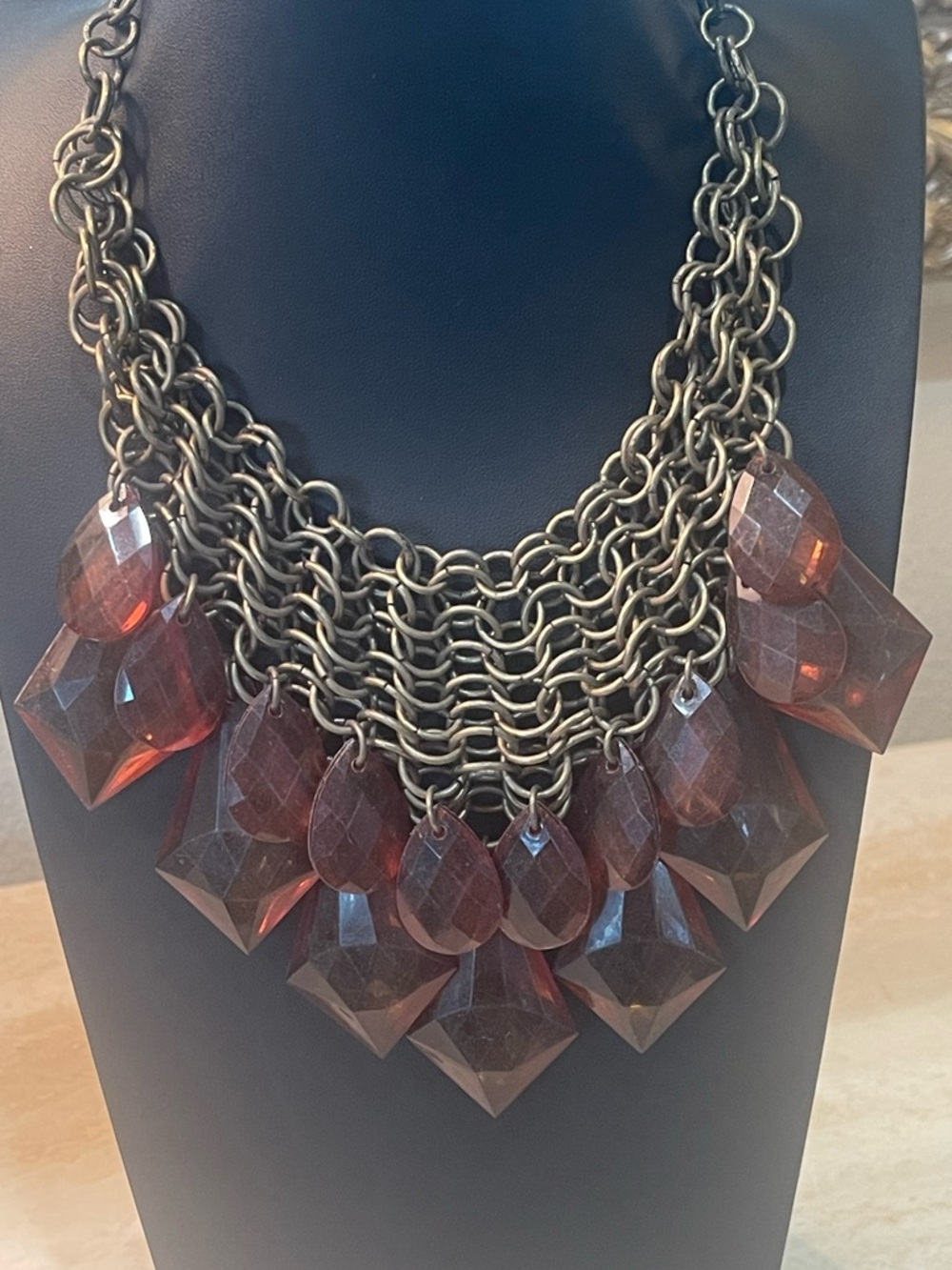 Statement Multi-Chain Necklace with Amber Faceted Drops